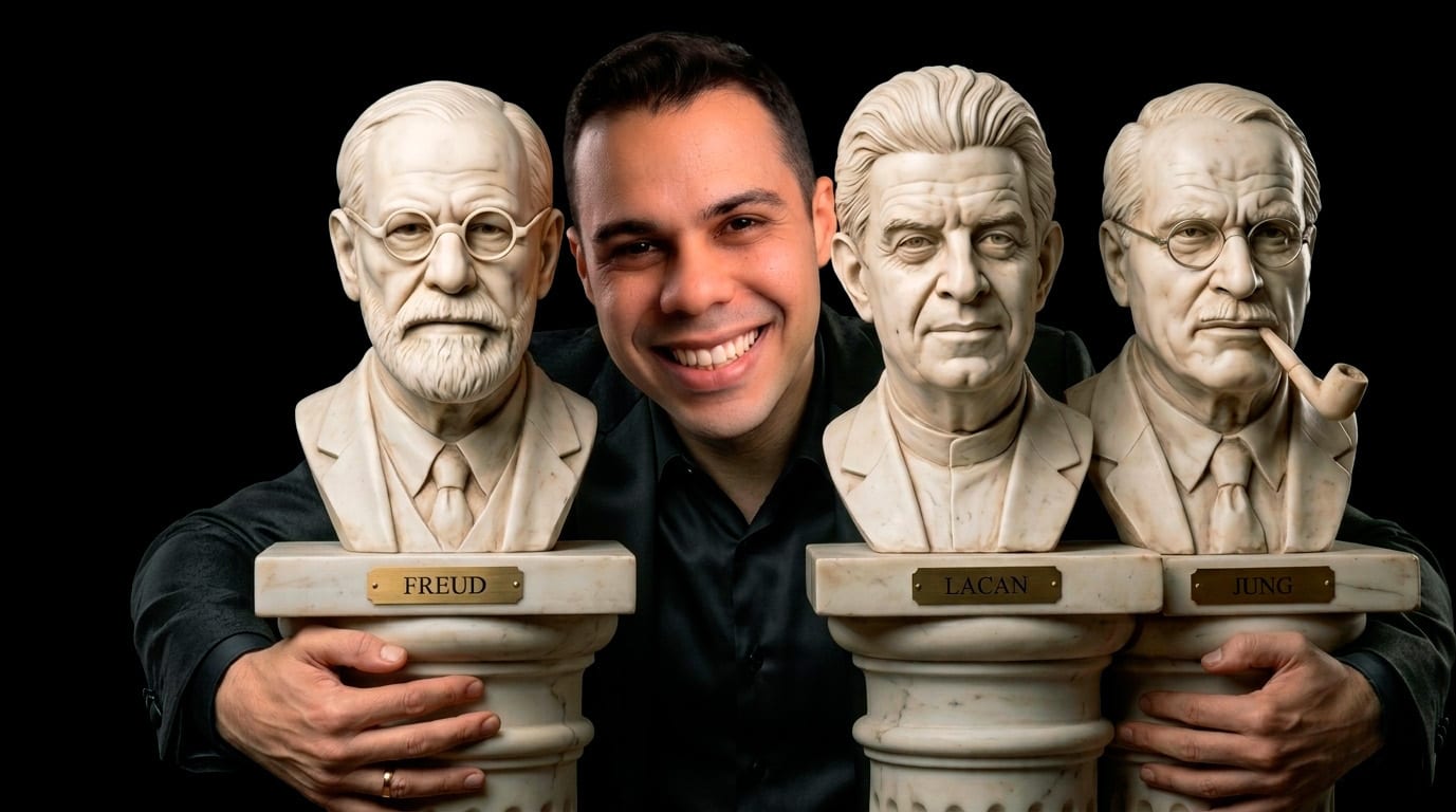 Deivid Oliveira entre os bustos de Freud, Lacan e Jung